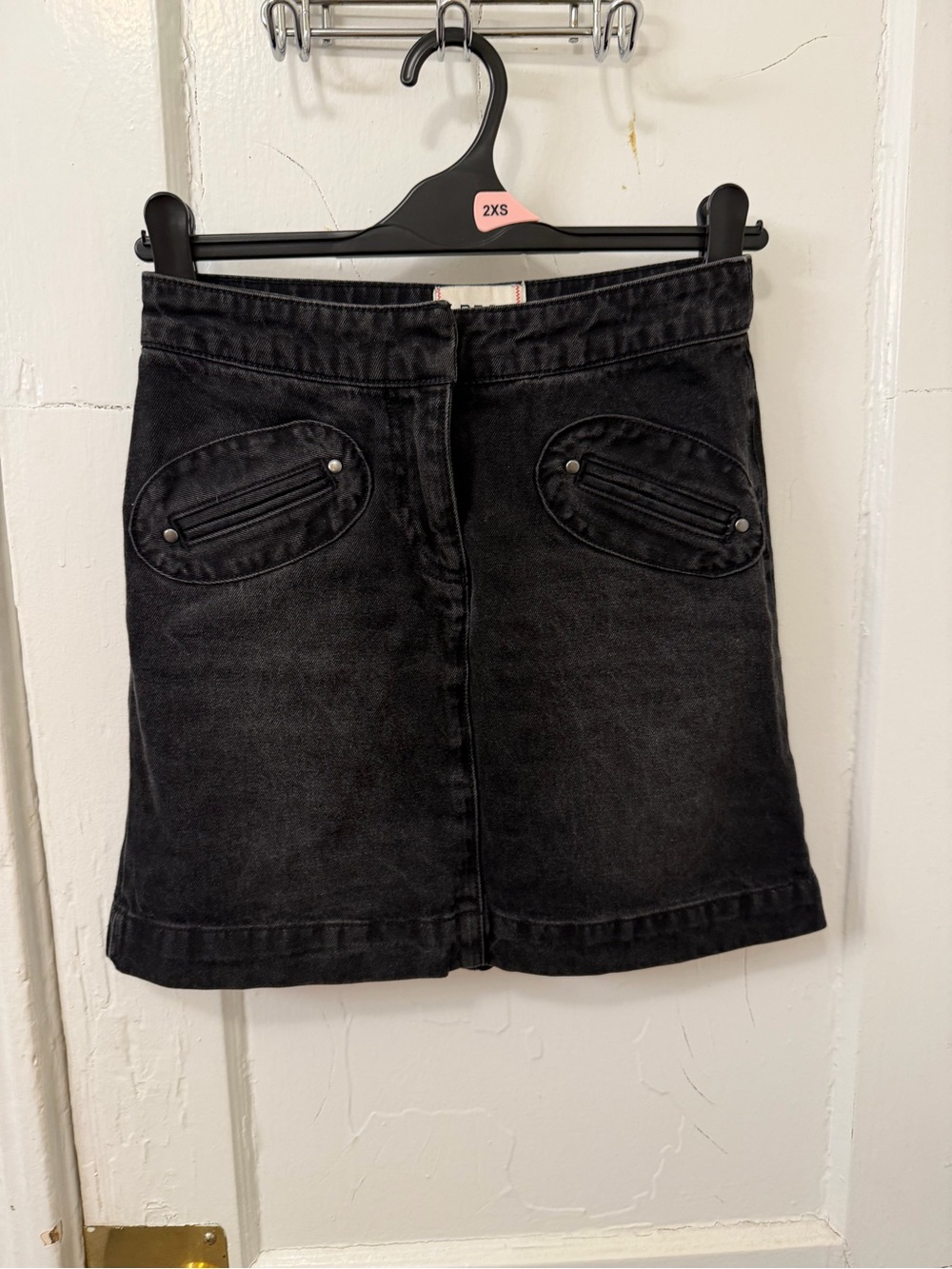 BDG Black Denim Mini Skirt with Oval Front Pocket Accents